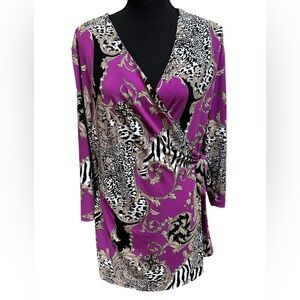 PETER NYGARD WRAP TIE PURPLE ANIMAL PRINT CLASSIC BAROQUE SCROLL TOP SIZE XL